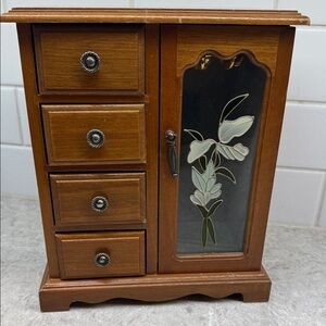 Vintage Wooden Jewelry Box 4 drawer, carousel , glass door Floral Design